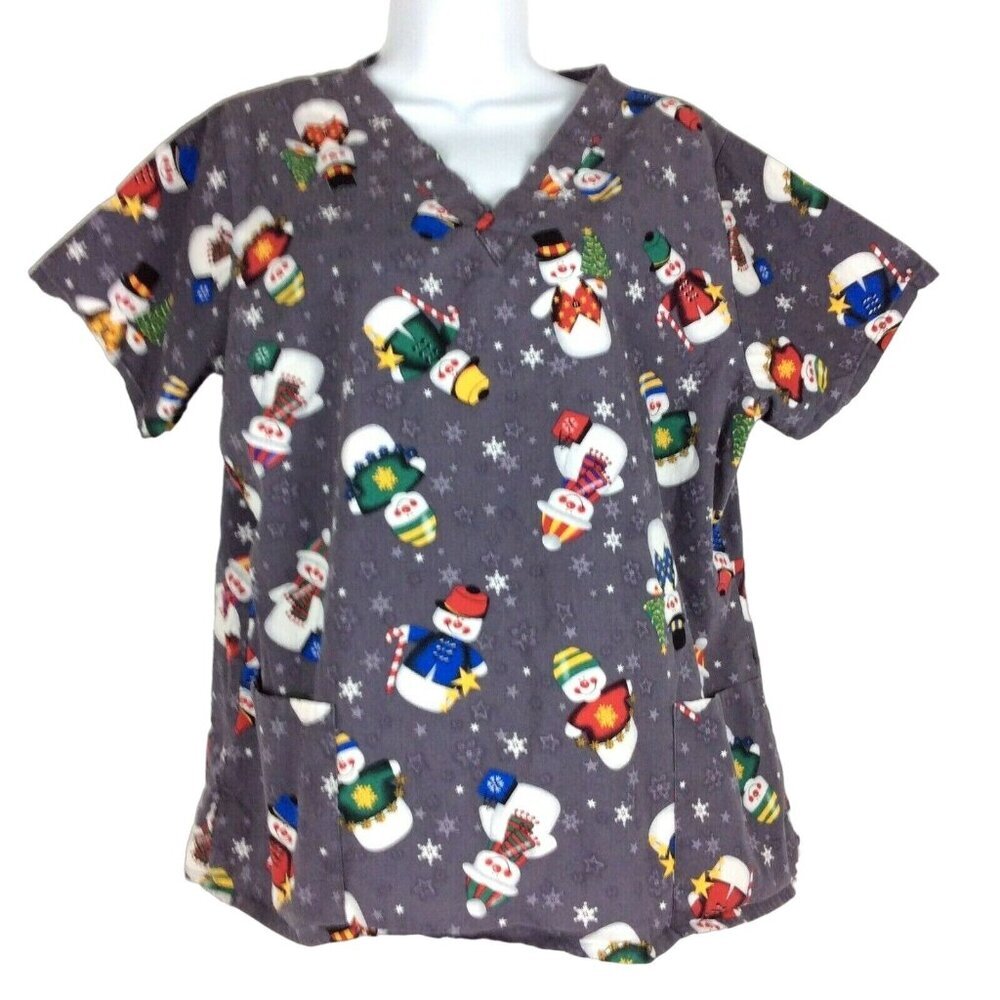 Christmas Snowman Scrub Top Medium By Scrub Wear Cotton Gray Holidays